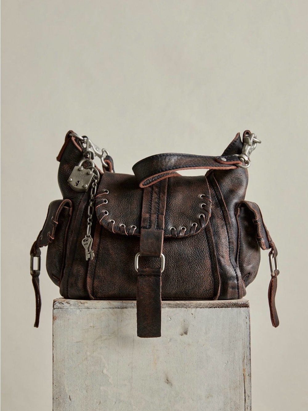 We The Free Free People Baby Leigh Distressed Purse Tote Bag Aged Graphite
